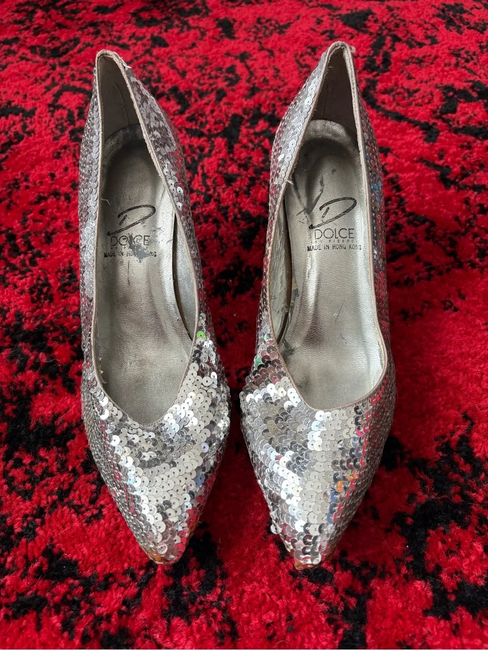 Silver Sequin Pointed-Toe Heels